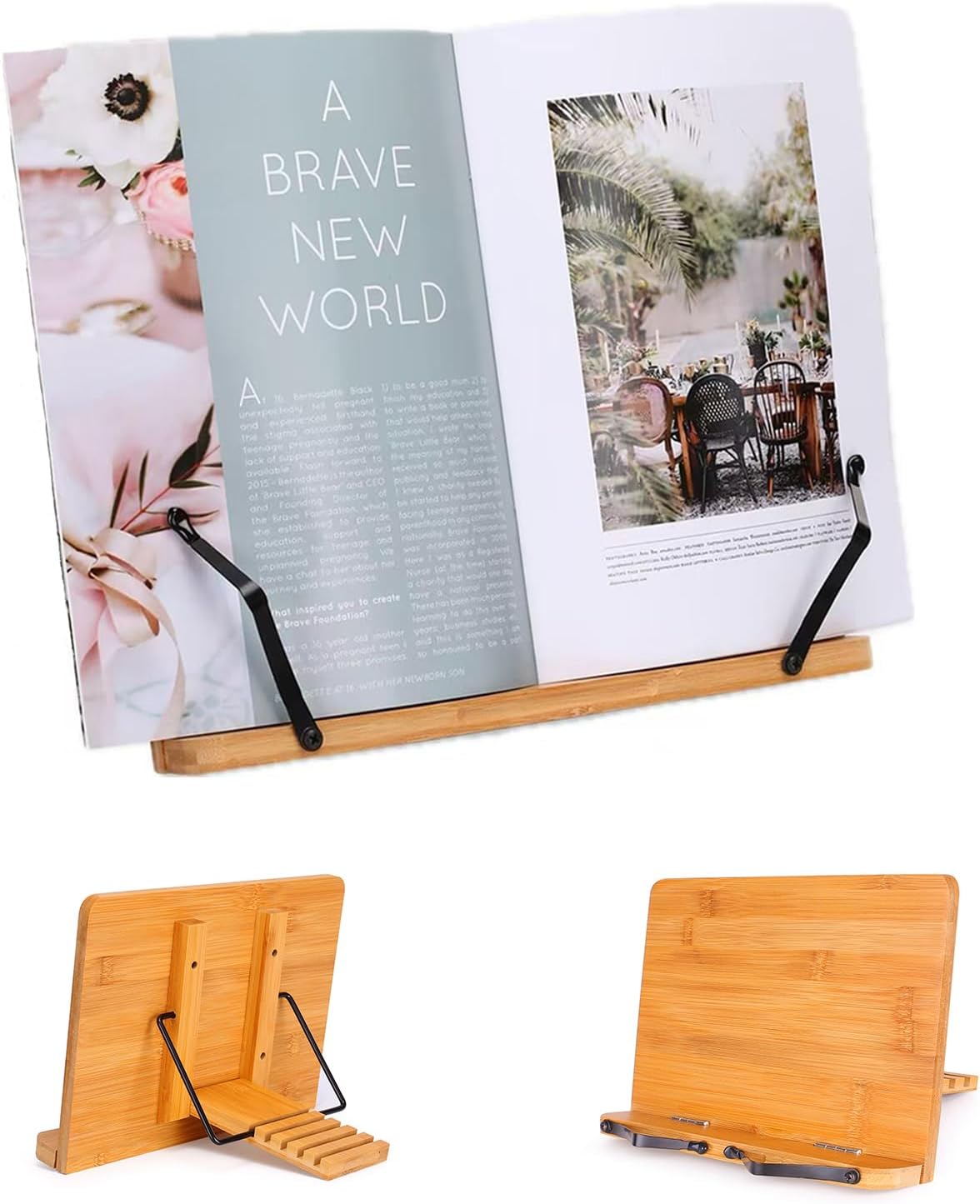 MEGREZ Bamboo Book Stand for Reading, Adjustable Cookbook Holder with Page Clips, Recipe Book Holder for Kitchen, Smooth Surface (11.0 x 8.0 inch)