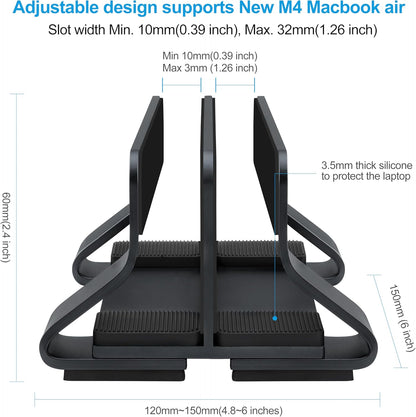 Aluminum Dual Vertical Laptop Stand Dock Holder, Supports 2 Devices, Adjustable Slot Width 15-36mm, Space-Saving Upright Storage for MacBook and Laptops