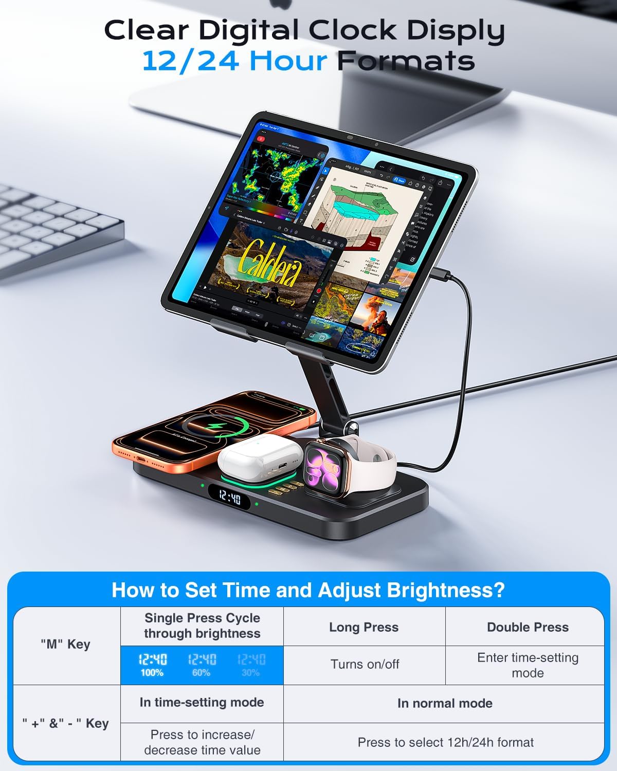 Magnetic Wireless Charging Station with 45W Adapter for Apple Devices, 20W Fast Foldable Wired Charging Stand for iPad with Clock & Night Light, Fast Mag-Safe Charger for iPhone 17, iWatch & AirPods