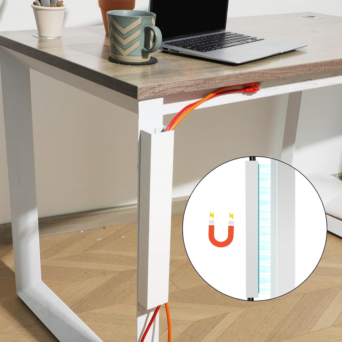 Blulu 2 Pack Steel Magnetic 14 Inch Cable Management Channel for Under Desk Leg Vertical Wire Hider Cover Cable Desk Organizer No Drill Cord Organizer Cord Hider Management for Home Office (White)