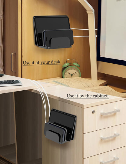 Wall Mount Phone Holder for Smartphones and Tablets, Phone Shelf with 4-Slot Docking Station Compatible with Tablet, ipad, Kindle Wall Charging Organizer (Black)