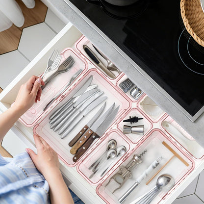14 Pcs Adjustable Clear Drawer Organizer, Extendable Vanity Storage Bins, Desk Drawer Organizer Set for Makeup, Cosmetics, Bedroom, and Gadgets, Purple
