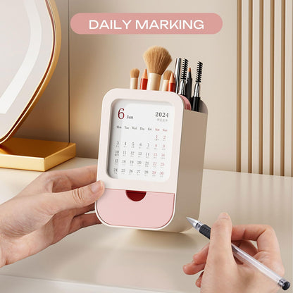 Upgraded Pen Holder with Built-in Calendar - Modern Desk Organizer for Office, School, Home, Premium Silicone Design with Chic Aesthetic, Multi-Functional Stationery & Makeup Storage - Blue