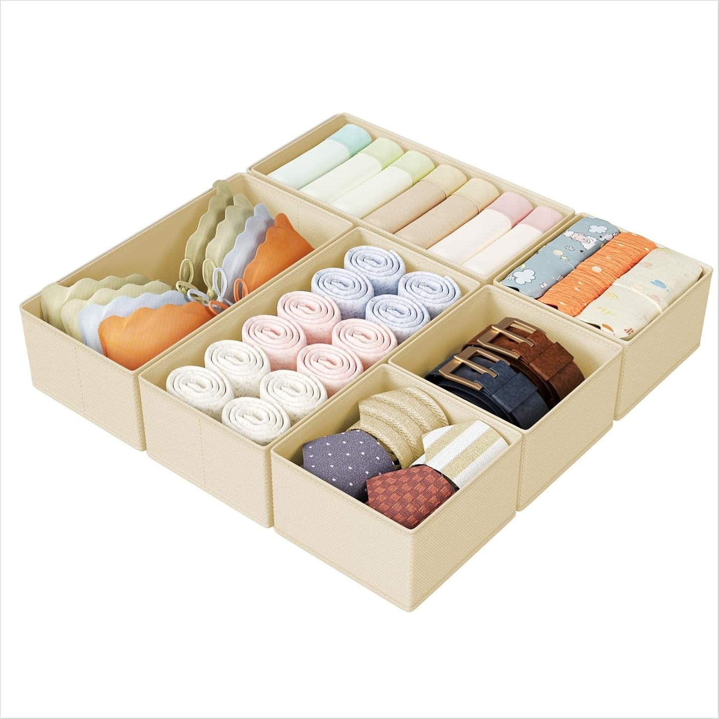 DIMJ Drawer Organizers Clothes, Dresser Organizer Bins for Baby Clothes,Underwear and Sock, Fabric Closet Organization and Storage Boxs, Drawer Dividers for Nursery, Clothing, Tie - 4 Pack, Beige