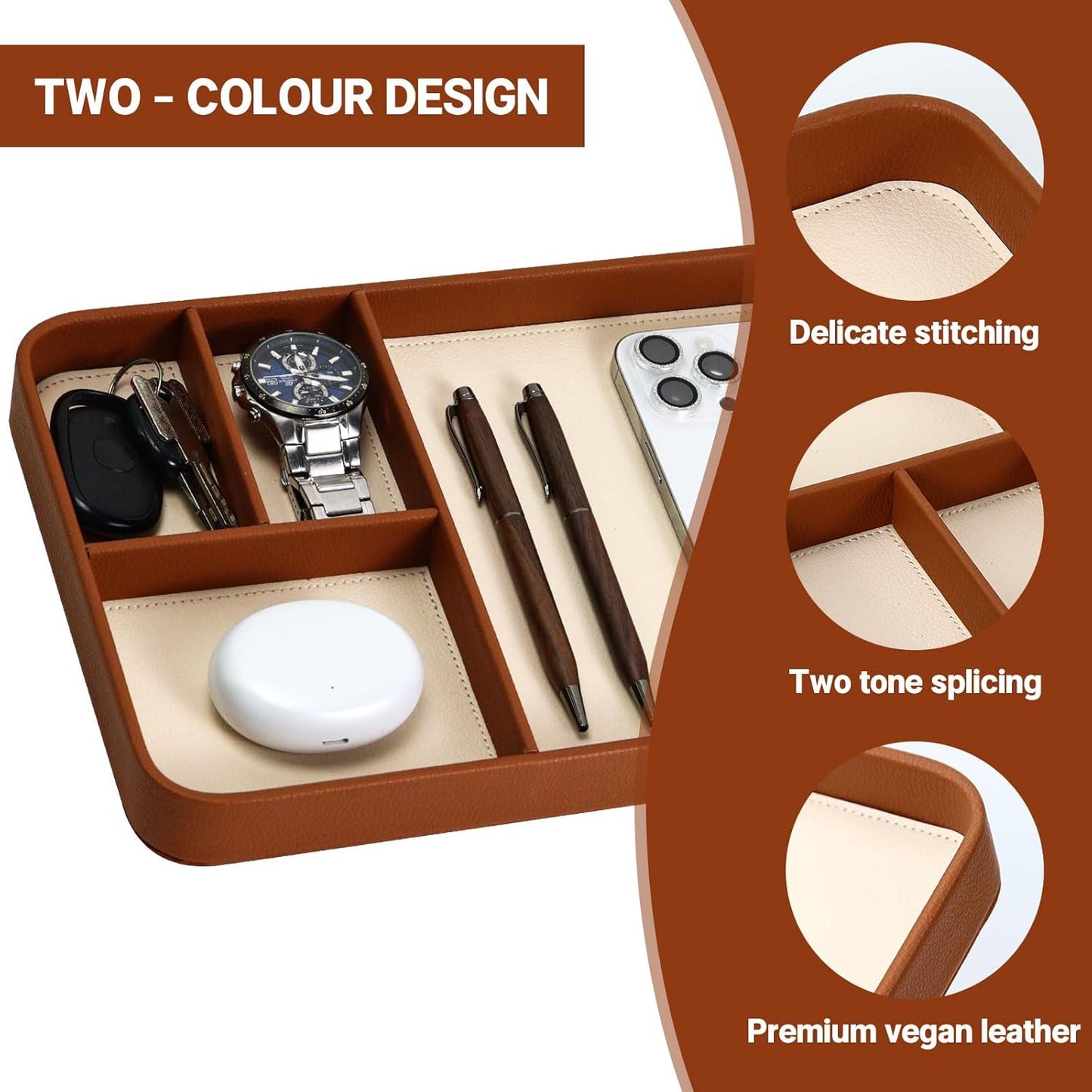 Buqoo PU Valet Tray for Nightstand & Desk – Multipurpose EDC Catchall Organizer for Phones, Watches, Keys & Accessories, Brown