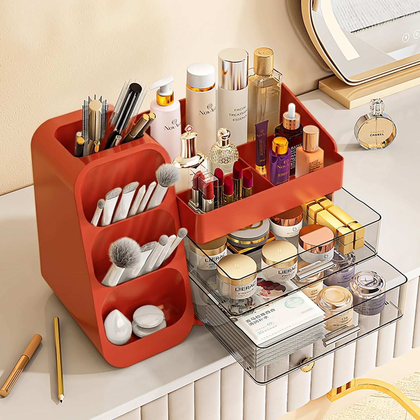 Booklov Makeup Organizer for Vanity, Countertop Cosmetic Display Case with Clear Acrylic Drawers, Bathroom Counter Beauty Caddy, Cute Table Storage Holder for Skincare, Brush Lipsticks, Crystal White