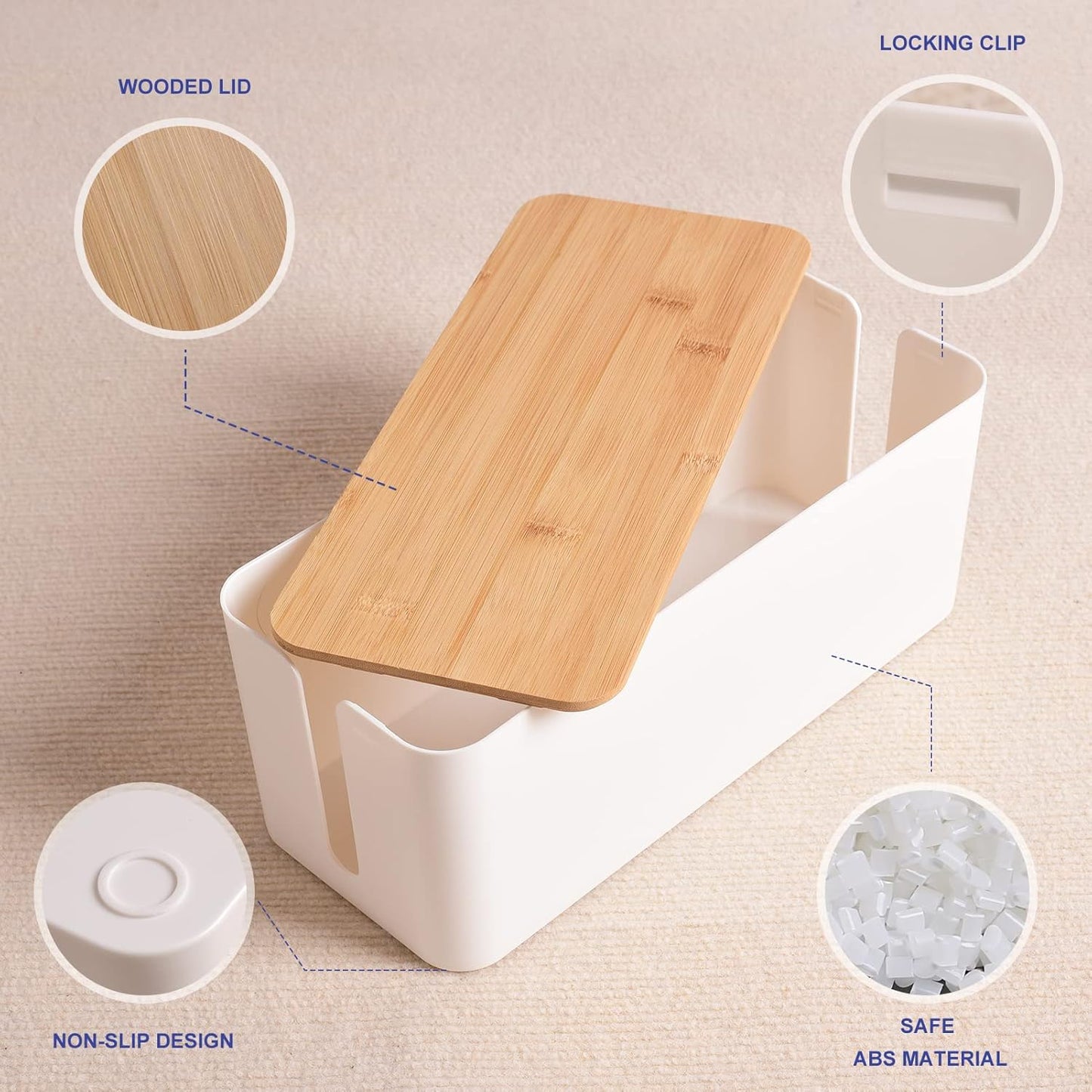 Cable Management Box - Wooden Style Large Cord Organizer Box to Hide Wires & Power Strips | Desk Computer Cable Organizer Box | Safe ABS Material |16" (L) x 6.2" (W) 5.3" (H)|for Home & Office - White