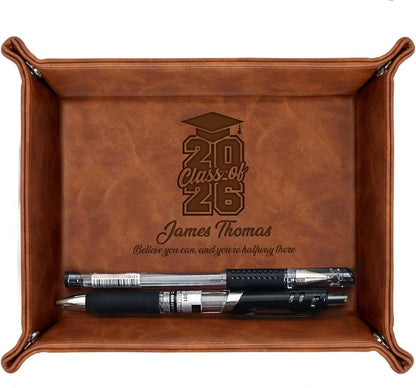Personalized Engraved Leather Tray for Men with Engraved Name, PU Leather Valet Organizer for Dad, Custom Gift for Him, Custom Catchall Tray for Desk, Office, Accessories Travel Organizer for Men