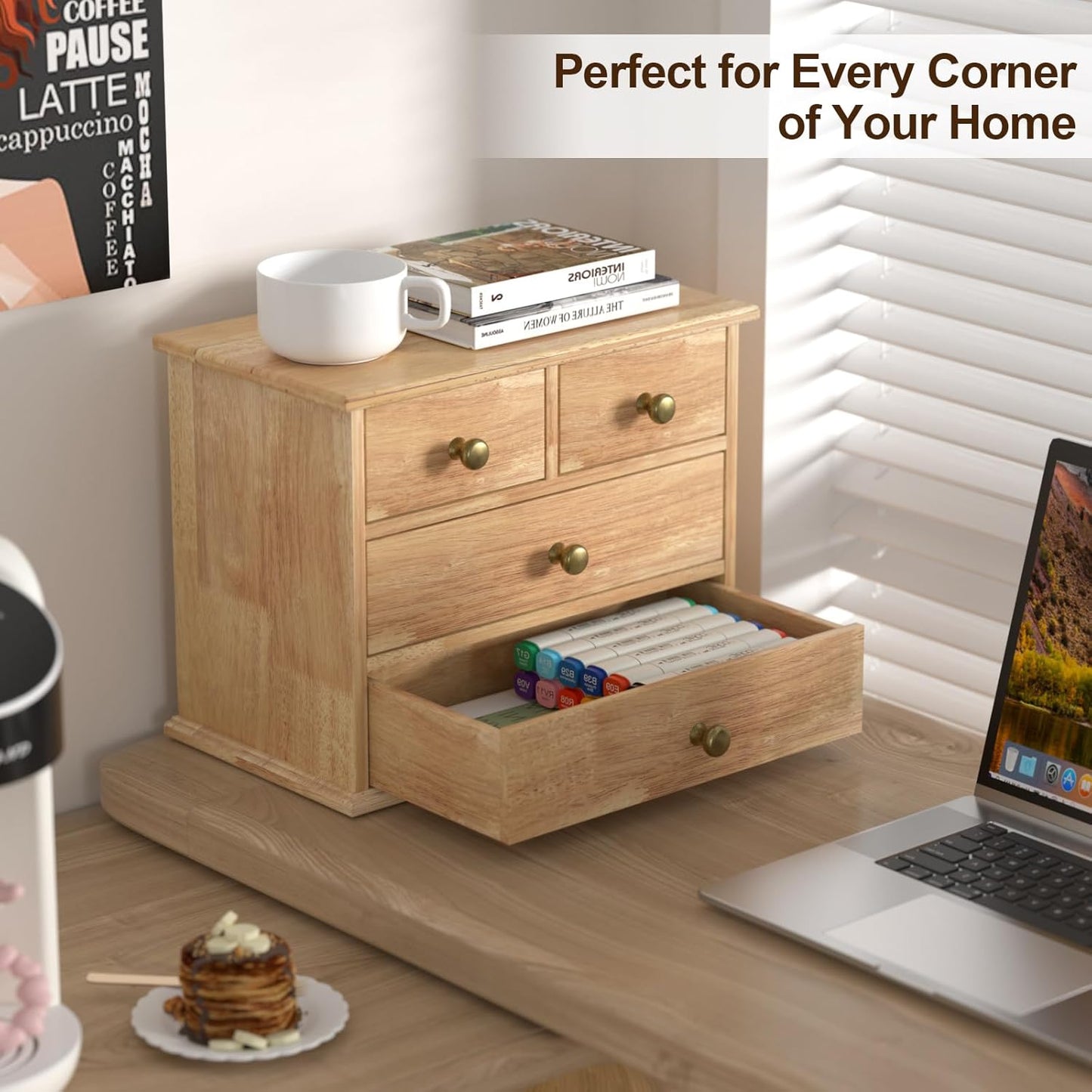 Oak Desk Organizer with Drawers, Durable Wooden Desktop Storage Box with Metal Handles & Non-Slip Silicone Pads, 4 Drawer Tabletop Organizer for Office, Bedroom, Bathroom, Vanity, and Makeup – Walnut