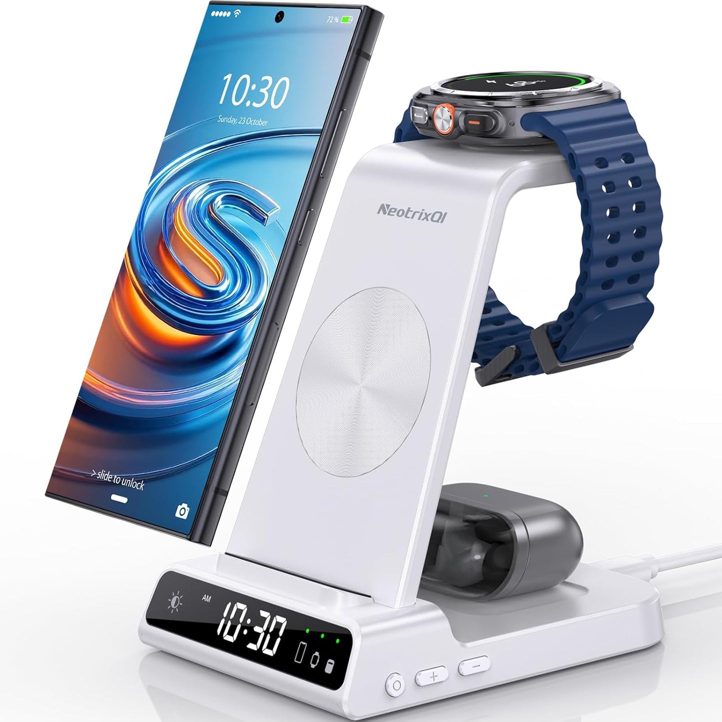 Wireless Charger for Samsung Charging Station: 3 in 1 Android Charging Stand with Dimmable Clock - Nightstand Organizer for Galaxy S25 Ultra, Galaxy Watch 8 7 6 5 4, Galaxy Buds, Space-Saving Charger