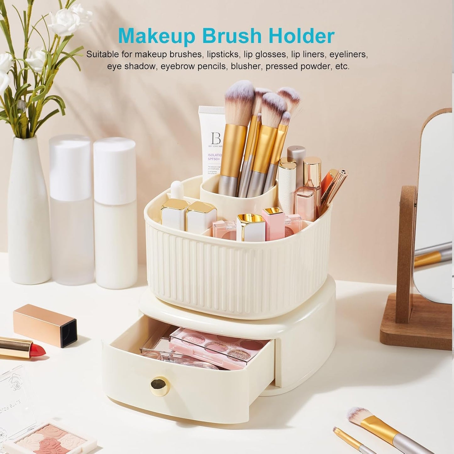 Desk Pencil Pen Holder, 5 Slots 360 Degree Rotating Pencil Pen Organizers for Desk Desktop Storage Stationery Supplies Organizer Cute Pen Cup for Office School Home Art Supply Cream Yellow