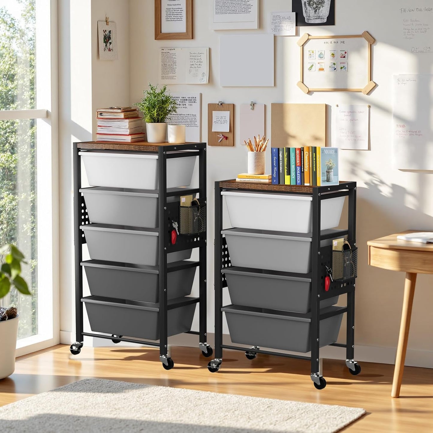 Rolling Cart with 3 Drawers, Plastic Drawer Storage Carts with Lockable Wheels & Wooden Tabletop, Metal Utility Cart Organizer, Office Bedroom Classroom Craft Organization and Storage, Bright White