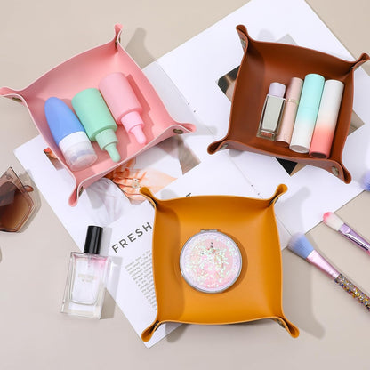 JIEYAO 24 Pcs PU Leather Valet Trays, Foldable Key Jewelry Catchall Tray Portable Travel Dish Plate for Entryway Desk Bedside Wallet Watch Coin Multicolor