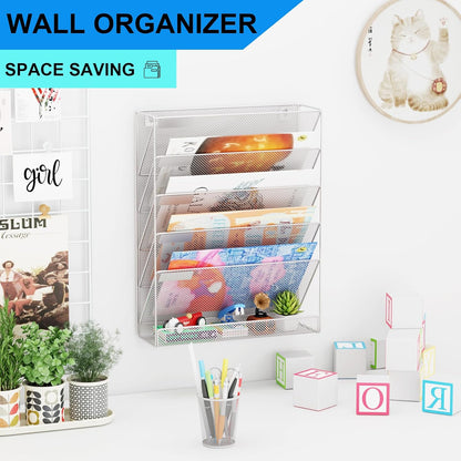 Wall File Organizer Holder Mesh Hanging Paper Document Holder,Vertical 6 Pocket Tier for Office Home, Black