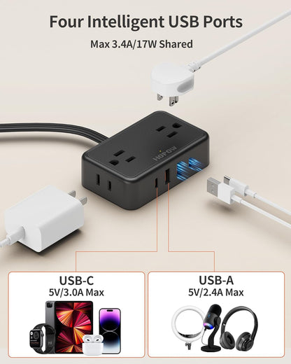 HOPOW Desk Clamp Power Strip, Desktop Mount Charging Station with 4 Outlets 4 USB Ports (2 USB C), 10Ft Under Desk Power Strip, Fits 2.75" Tabletop Edge, Extension Cord for Home Office, Black