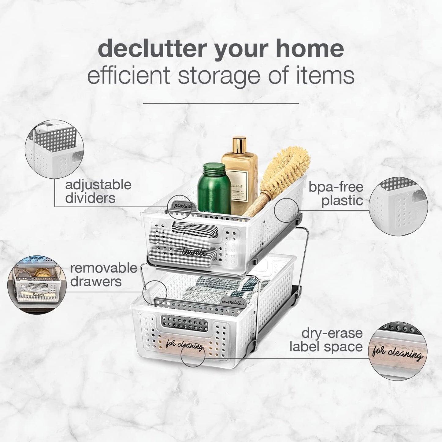 madesmart 2 Tier Bath Organizer, Undersink Storage with Sliding Drawers, for Cleaning Supplies, Pantry, Sponges, Bottles & Kitchen Essentials, Adjustable Dividers & Pull Out Sliding Baskets, Frost