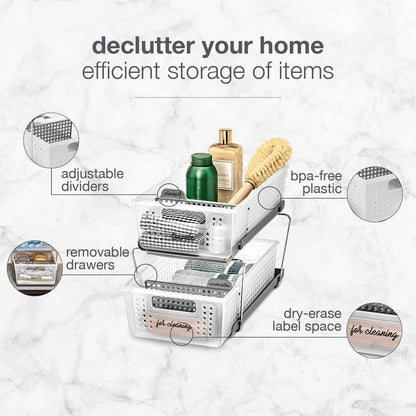 madesmart 2 Tier Bath Organizer, Undersink Storage with Sliding Drawers, for Cleaning Supplies, Pantry, Sponges, Bottles & Kitchen Essentials, Adjustable Dividers & Pull Out Sliding Baskets, Frost