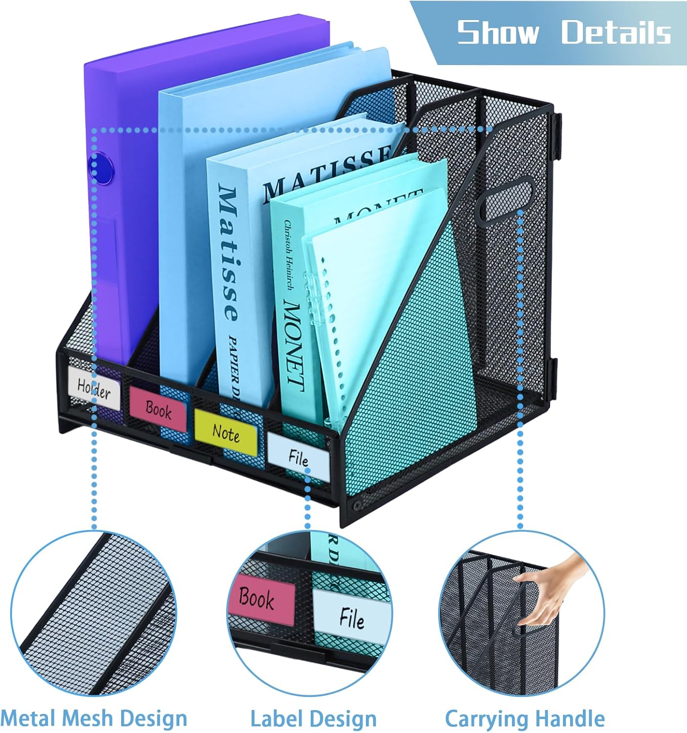 Desk Organizers Metal Magazine File Holder Racks Desktop Folder Storage Binder Organiser Document Organization for Home Office & Classroom,5 Vertical Compartments
