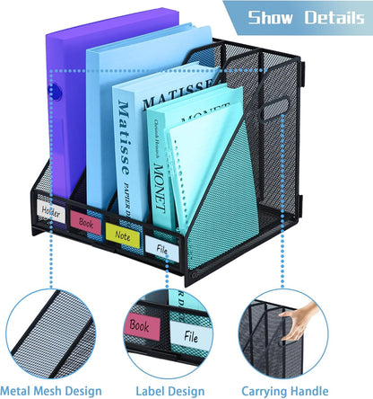 Desk Organizers Metal Magazine File Holder Racks Desktop Folder Storage Binder Organiser Document Organization for Home Office & Classroom,5 Vertical Compartments
