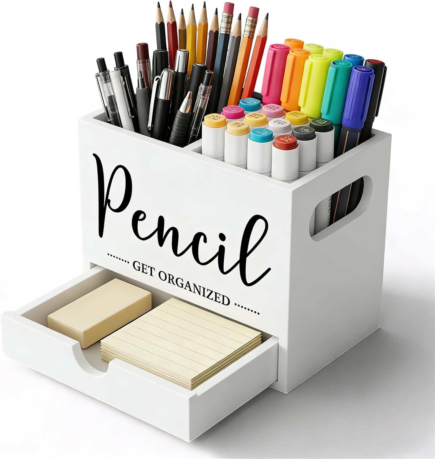 Pen Holder for Desk, Wood Pencil Organizer with Drawer, Marker Holder with 2 Compartments, Pencil Cup for Home, Office, Classroom, Teacher Supplies (White)