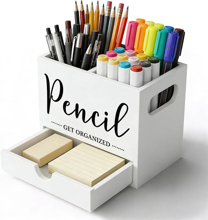 Pen Holder for Desk, Wood Pencil Organizer with Drawer, Marker Holder with 2 Compartments, Pencil Cup for Home, Office, Classroom, Teacher Supplies (White)