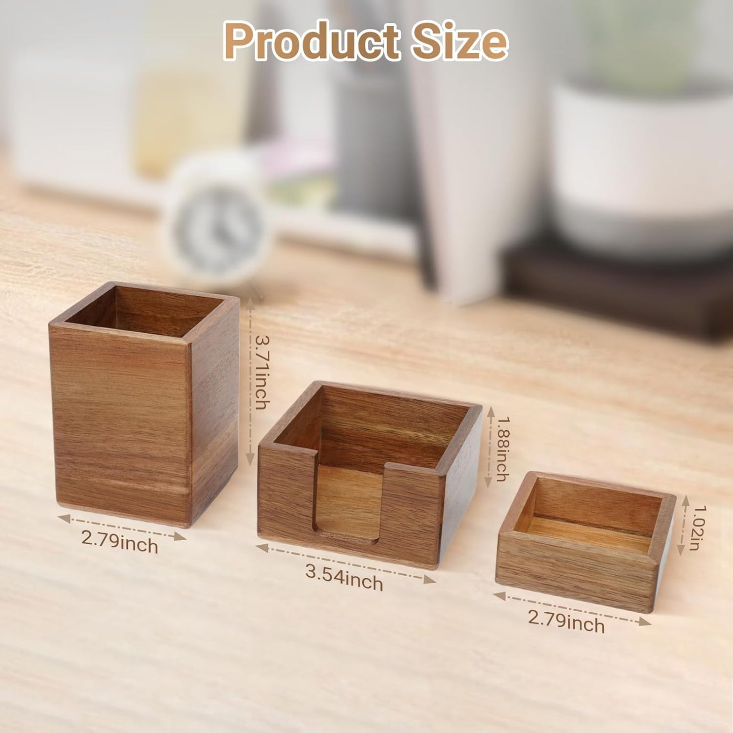 RAWILL 3 PCS Black Wooden Desk Organizer Set Pine Wood Office Desk Accessories with Pen Holder, Paperclip Storage and Sticky Note Holder, Wood Grain Clear, Ideal Gift for Office and Family
