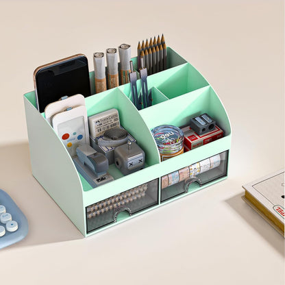 COMFYROOM Desk Organizer with 6 Compartments and 2 Drawers, Plastic Makeup Organizer, Pen Holder for Desktop Storage, Desk Organization for School, Home, Office Supplies (White)
