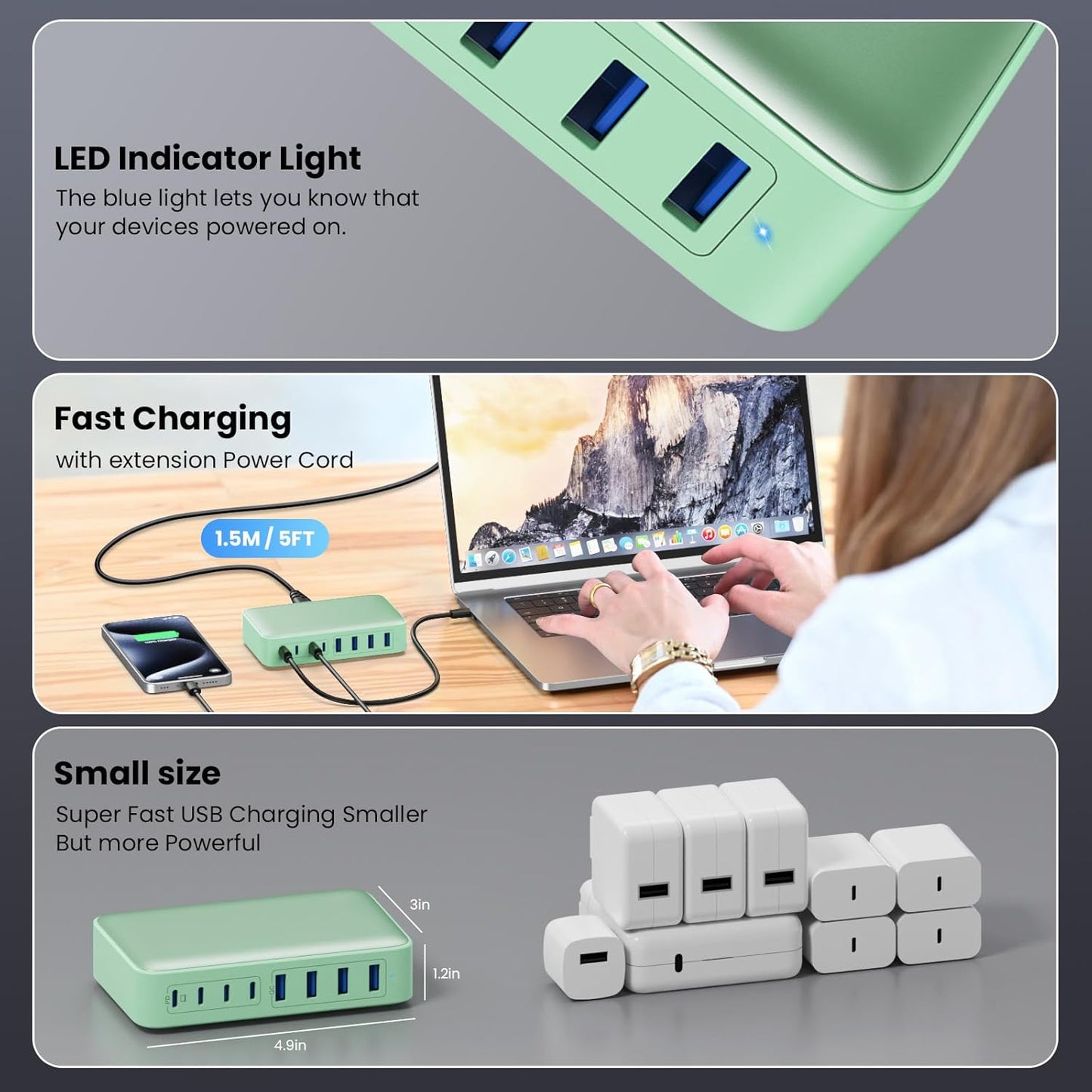 USB C Charger 200W USB C Charger Block,Upgraded GaN III 8-Port Fast Charging Station Hub,PD 65W Laptop Charging Adapter Compatible with MacBook Pro/Air,DELL,Steam Deck,iPhone 16/15/14,Galaxy S23/22