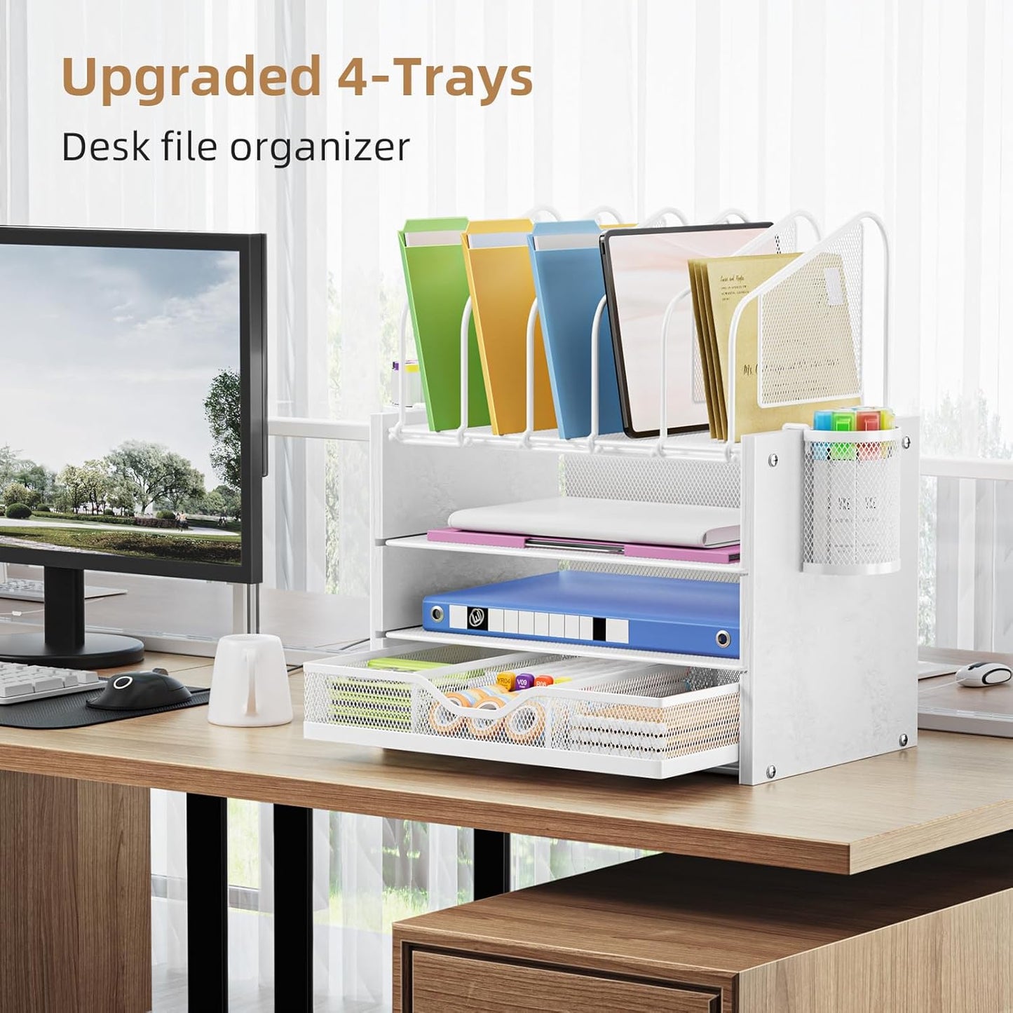 Marbrasse Desk Organizer with Drawer, 4-Tier Mesh File Organizer with 5 Vertical File Holders and 2 Pen Holders, Multifunction Desktop Organizer,Desk Organizers and Accessories for Home Office