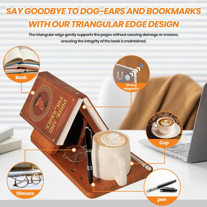 Wood Desktop Book Stand for Reading Rest Birthday and Mothers Day Gifts, Book Page Holder Thumb Bookmark,Magnet Couple Photo or Note, Book Accessories, Triangle Book Nook with Cup for Book Lovers