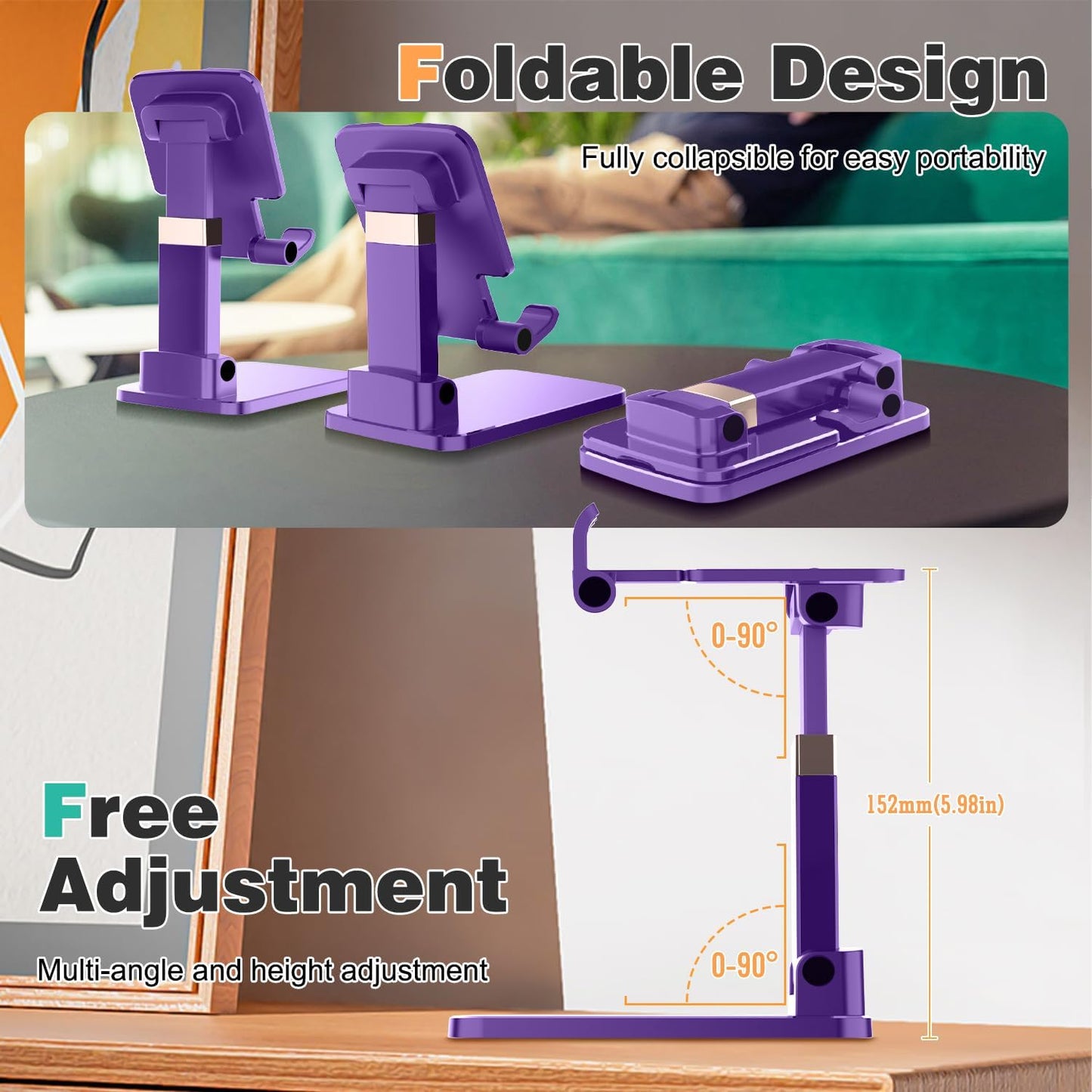 Phone Stand for Desk,Fully Adjustable Foldable Phone Holder,Metal Base with Anti-Slip Pad,Thick Case,Compatible with iPhone 17 Pro Max/Air/17 Pro/17/16/16e,15,All Phones,Portable Office Accessories