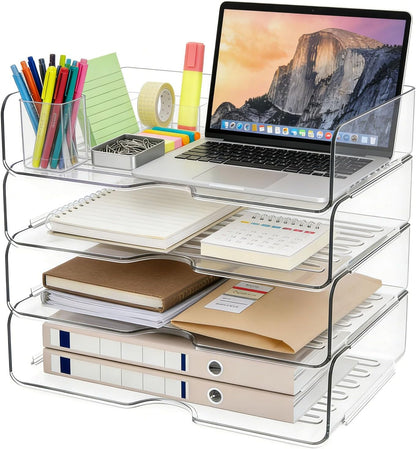 4-Tier Large-Capacity Paper Organizer, File Organizer for Desk, Stackable Paper Tray for Office, Home and School