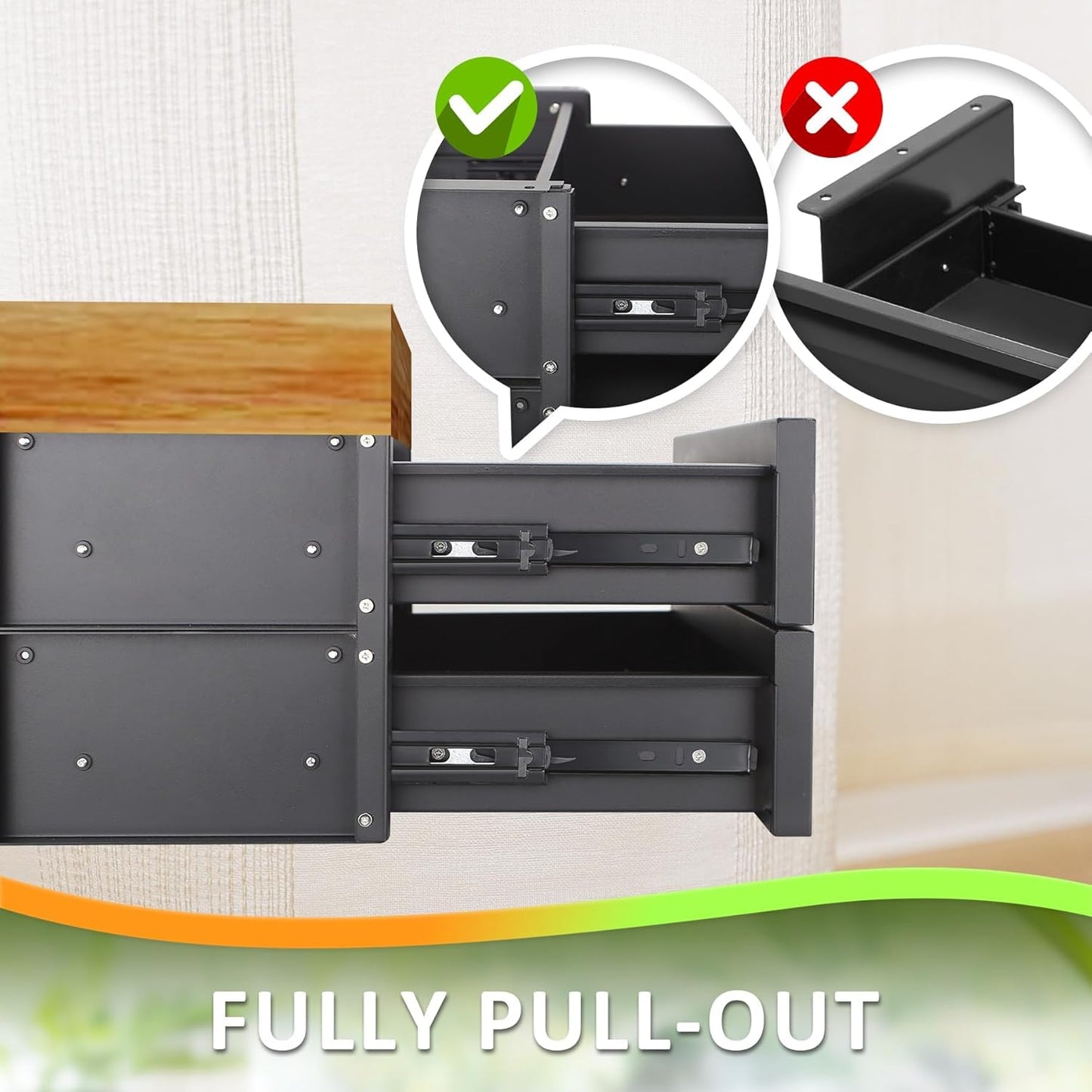 POPMOON 13.8 in Under Desk Drawer For Desk, Pull out Storage Organizer with Slide Extension Mounted Under Flat Wooden Table or Workbench, Carbon Steel Undermount Drawer,Black