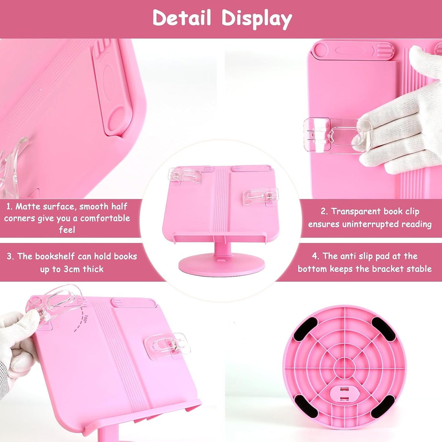 Kids Book Stand, Adjustable Reading Holder, Thick Base, Foldable Reading Stand with Elastic Page Clips, for 8.5"×11" or Smaller, Gift for Children's Day, Pink