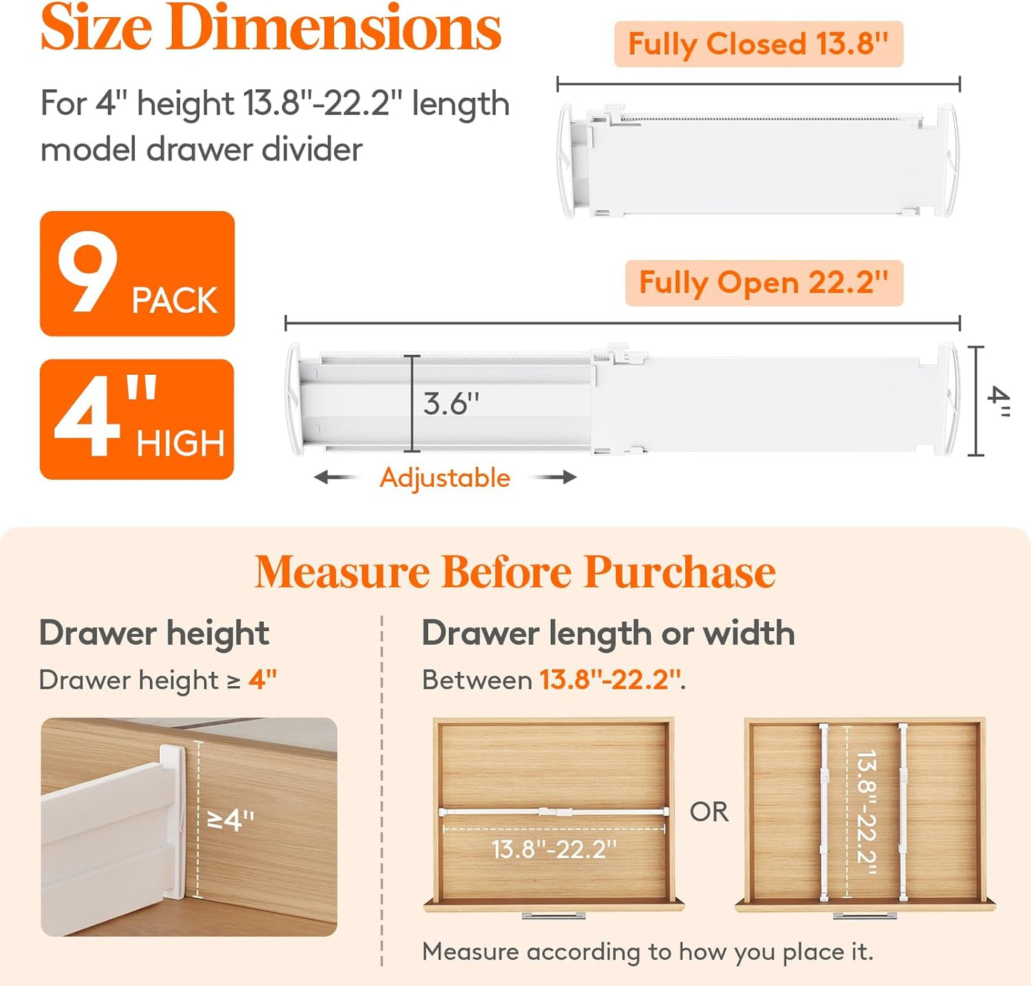 Lifewit Drawer Dividers for Clothes, 3.2" Tall 10.5"-16.5" Expandable Dresser Drawer Organizers, Adjustable White Plastic Separators for Kitchen, Cabinet, Nursery, Socks & Underwear Storage, 4 Pack