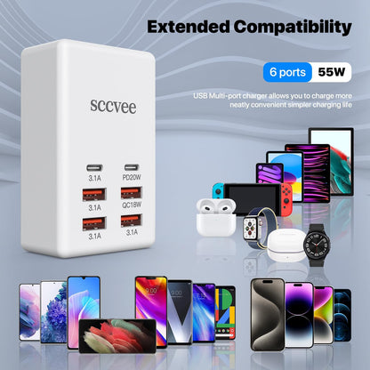 USB C Charger,10 Ports USB Charging Station with 6 Ports USB-C, Desktop 50W Multi Ports Charger Compatible with iPhone 12/13/14/15/16/Galaxy S22/S23/S24/S25/Tablet/Watch/Headphones