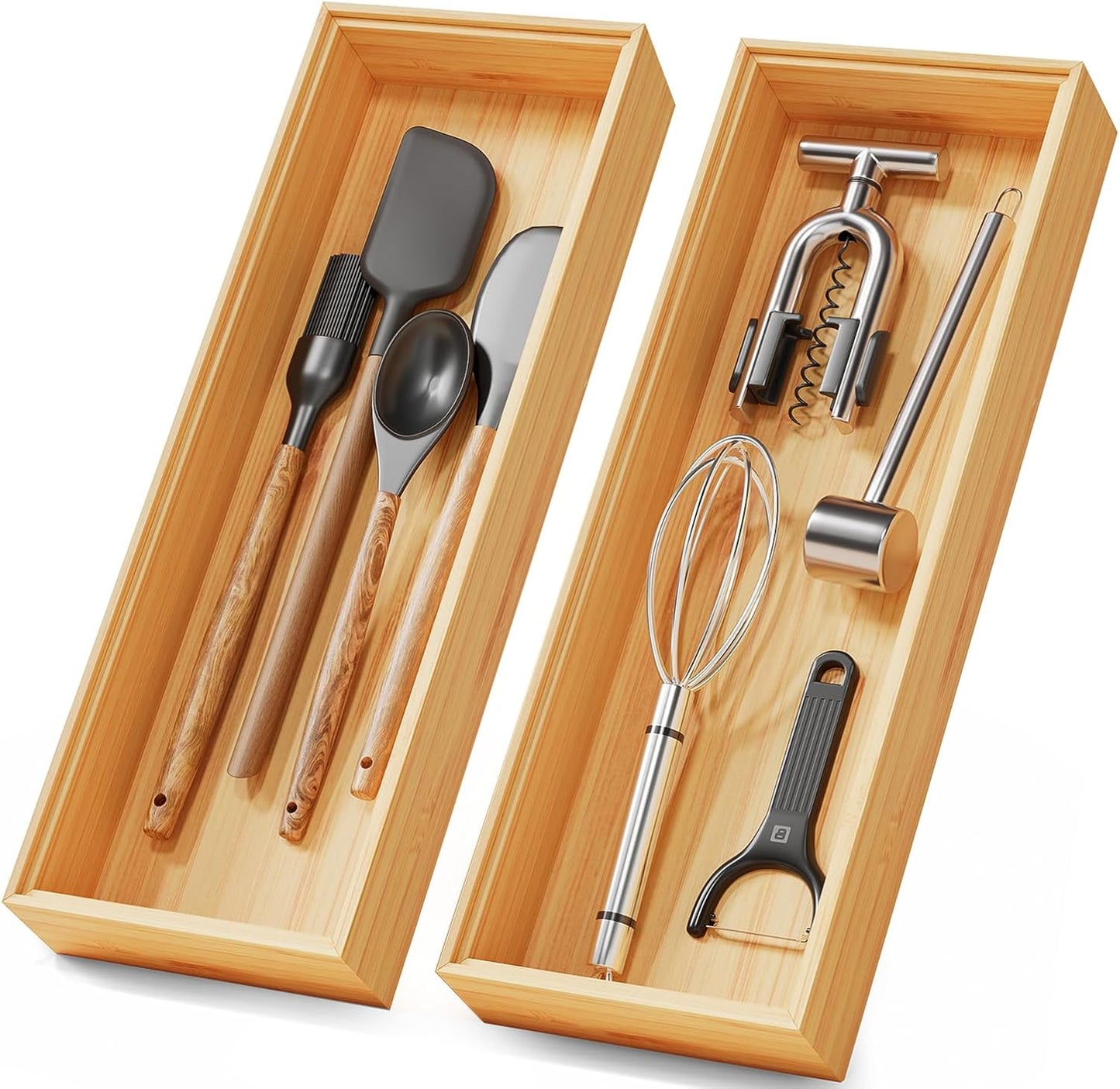 Bamboo Kitchen Drawer Organizer Set of 2, Stackable 15" x 6" Wood Silverware Utensil Tray for Drawers Bins, Cutlery & Flatware Storage – Wooden Boxes Organizers for Junk Drawer, Bathroom, RV