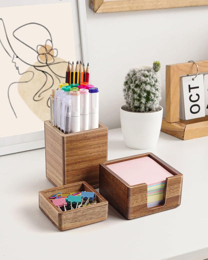 Acacia Wood Desk Organizer Set with Sticky Note Holder, Pencil Pen Cup & Paper Clip Storage, Office Desk Accessories for Marker Craft (Set of 3)