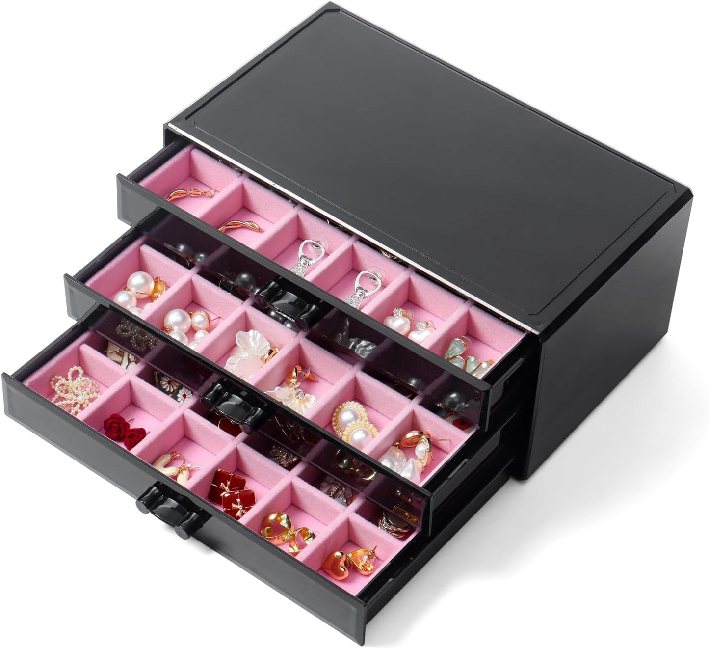 YUFONG Earring Organizer Box Acrylic Jewelry Organizer with 3 Drawers 54 Adjustable Grids Clear Stackable Earring Holder Velvet Trays Ring Display Case for Women Girls (Beige)