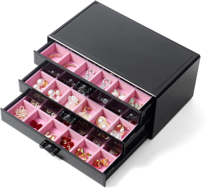 YUFONG Earring Organizer Box Acrylic Jewelry Organizer with 3 Drawers 54 Adjustable Grids Clear Stackable Earring Holder Velvet Trays Ring Display Case for Women Girls (Beige)
