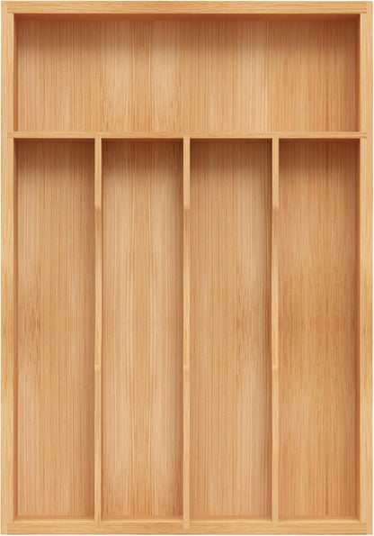 Small Silverware Organizer, Bamboo Kitchen Drawer Organizer, Utensil Holder, Cutlery Tray & Spoon Flatware Storage with Grooved Drawer Dividers (6.7''W x 12''D)