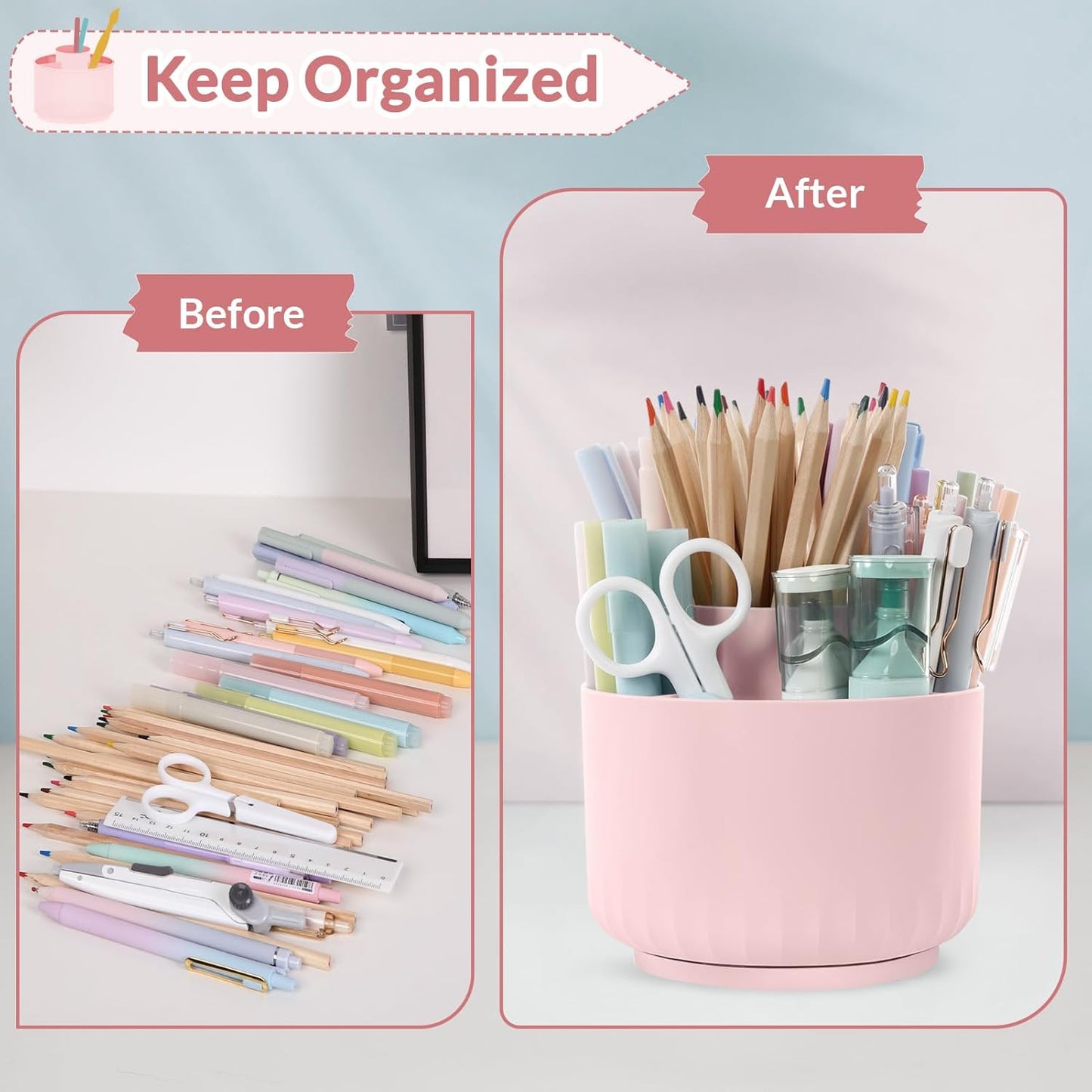 SKYDUE 360 Degree Rotating Pencil Pen Holder for Desk, Dual-Purpose Desk Organizer, Rotating Pencil Cup with 5 Slots, Office Supplies, Desk Decor for Office, School, Home