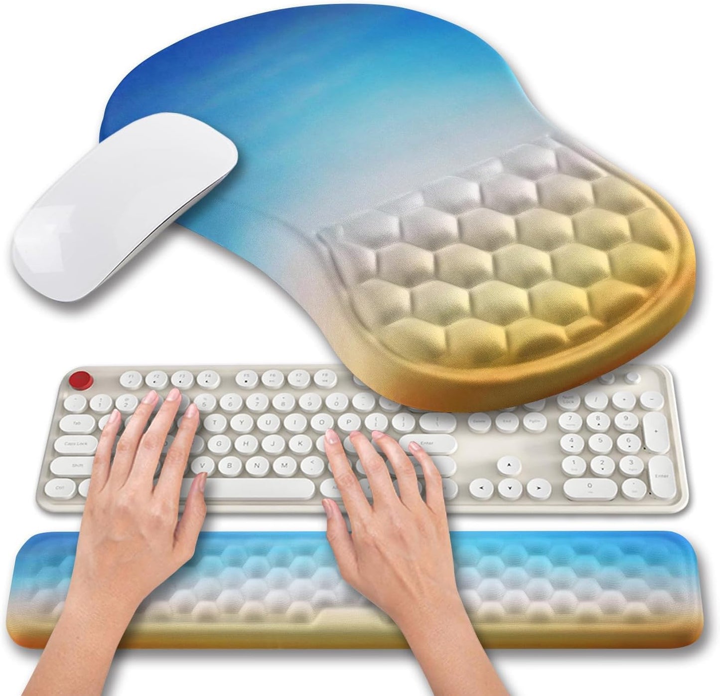 Hokafenle 2 in 1 Ergonomic Mouse Pad Wrist Support & Wrist Rest for Computer Keyboard Set, with Relieve Carpal Tunnel Pain Massage Bulge and Full Memory Gel Design (2In1 Set, Light Green)