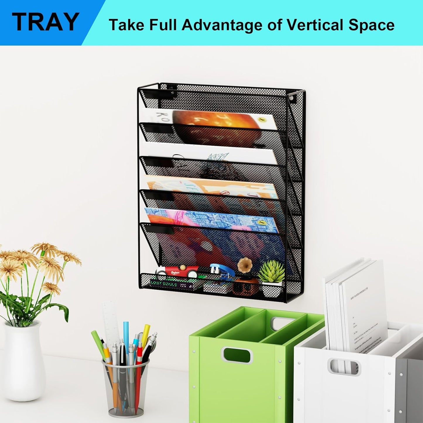 Wall File Organizer Holder Mesh Hanging Paper Document Holder,Vertical 6 Pocket Tier for Office Home, Black