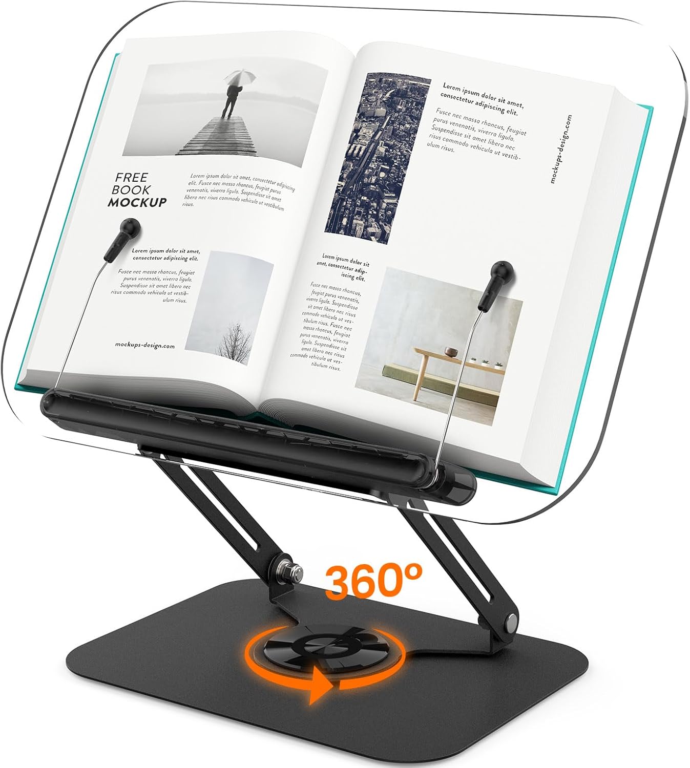 BYMECOST Acrylic Book Stand for Reading, Adjustable Book Holder with 360° Rotating Base & Elastic Page Clips, Foldable Desktop Riser Stand for Cookbook,Laptop,Tablet,Music Scores,Recipe,Textbook