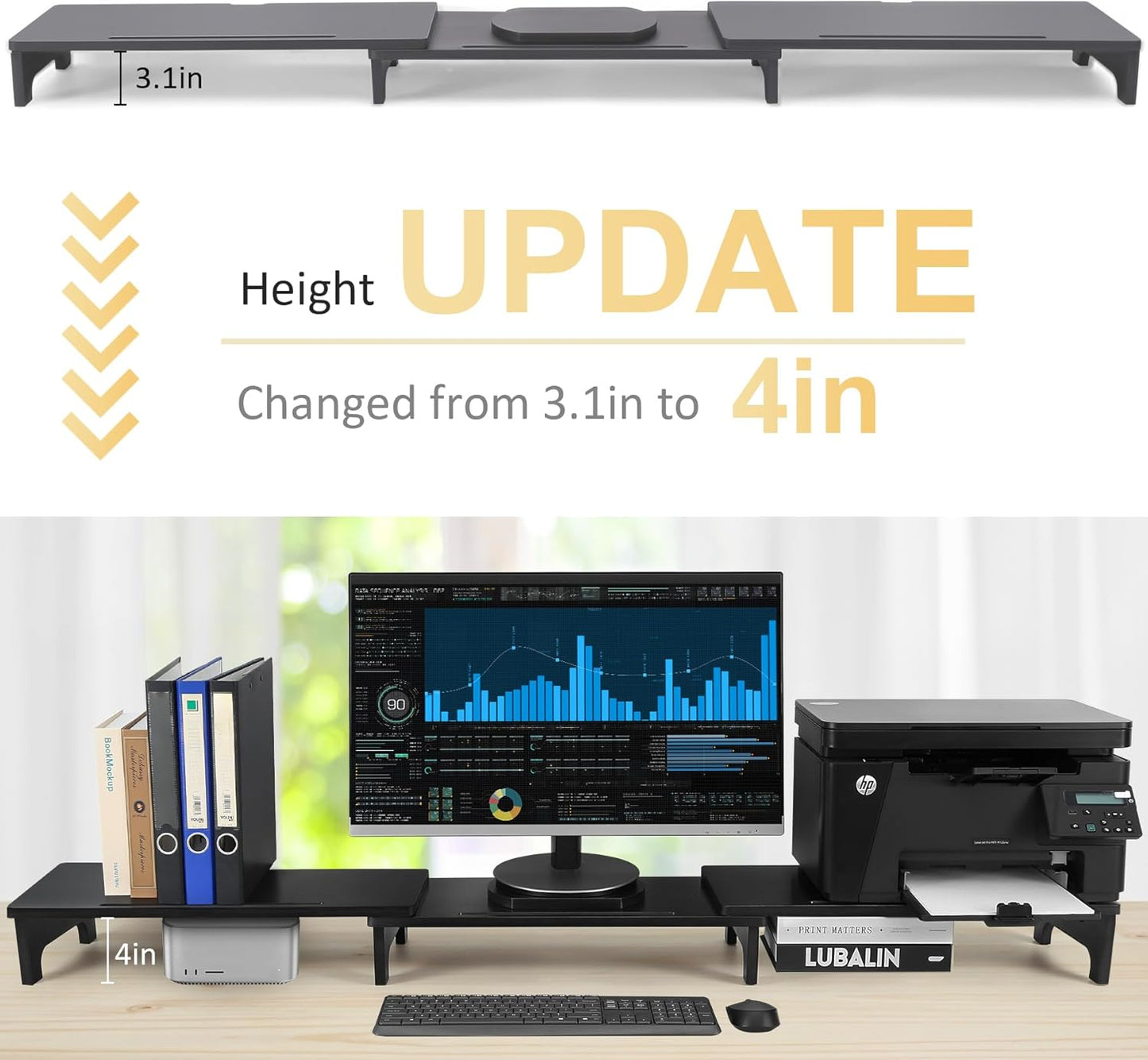 Nnewvante Monitor Stand Riser, 60 inch Large Bamboo Dual Monitor Stand for Desk, 3 Shelves Desktop Screen Riser with Adjustable Length Angle for Computer Laptop PC
