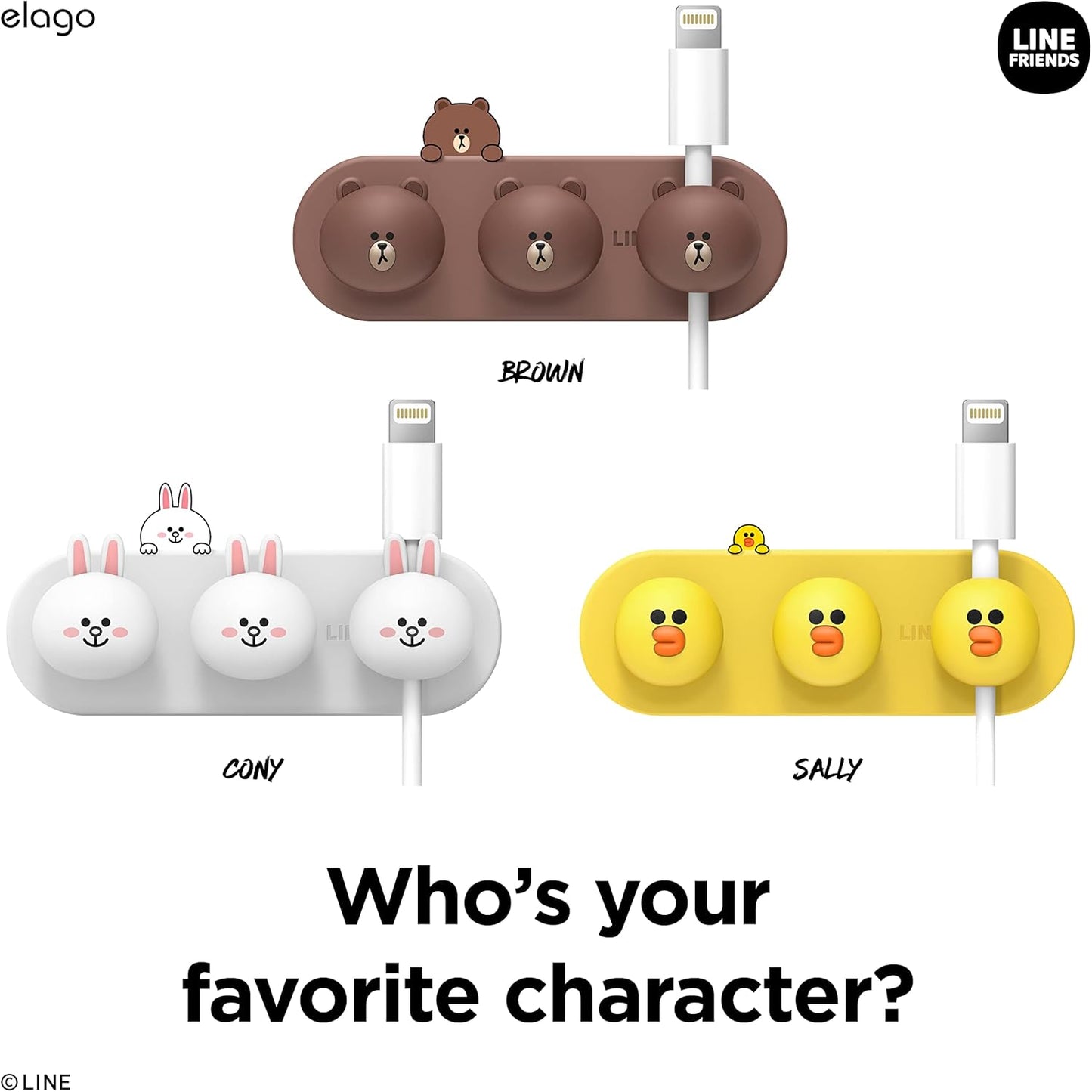 elago | LINE Friends Magnetic Cable Management Buttons, Organize 3 Cables, Powerful Magnets, Reusable Sticker Attaches to Surface, Desk Organization (Brown)
