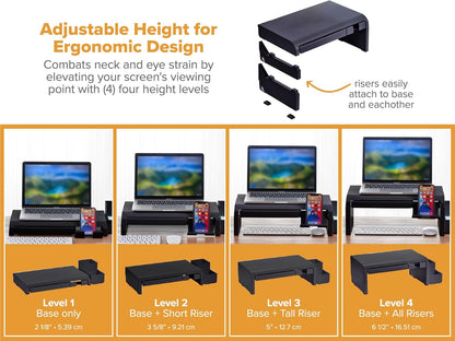 Bostitch Office Konnect Adjustable Monitor Stand Riser, 4 Height Adjustments, Built-In Cable Management, Rubber Feet - Black