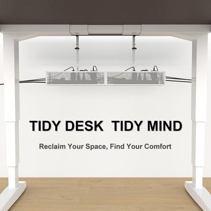 Under Desk Cable Management Tray - Fits up to 1.77" Thick Desks, No-Drill Clamp-on Wire Organizer, Reversible Inward/Outward Install, Heavy Duty Metal Power Strip Holder for Home Office & Gaming Desk