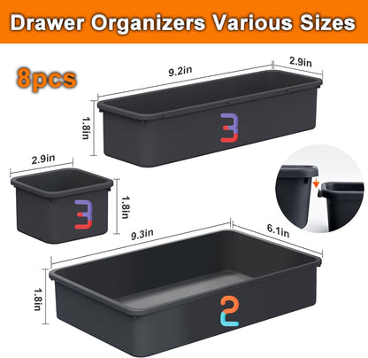 QUELIEN Desk Drawer Organizer Tray Set, 8PCS Plastic Drawer Organizer Bins for Office, Makeup, Kitchen - Gray Blue Desk Organizer with Flexible Interlocking Design for Efficient (Gray Blue, 8PCS)